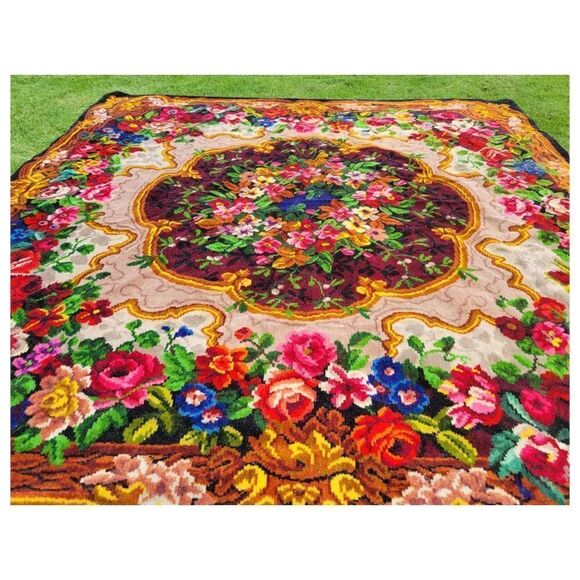 Antique 1930's Bright Floral Woven Carpet Rug Bedspread Couch Cover - Picture 2 of 7